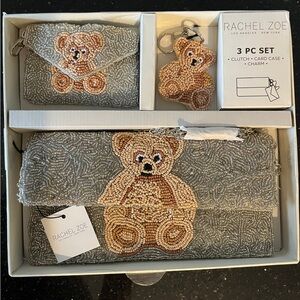 Rachel Zoe Silver Beaded Clutch Card Case and Bear Charm Set